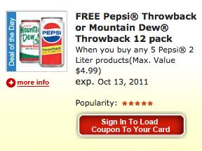 Pepsi Pepsi Smiths Cart Buster Savings Event! Todays Loadable Coupon: Free Pepsi or Mountain Dew!!