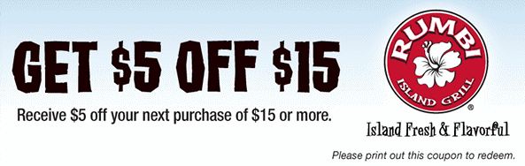 Rumbi Island Grill Printable Coupon for 5 off 15 Purchase! Utah