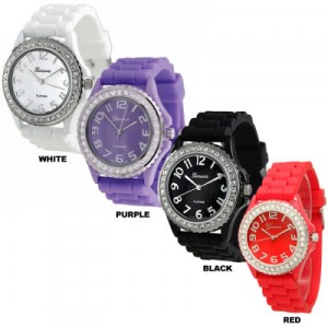 Geneva Platinum Women's Cubic Zirconia Accented Silicone Watches