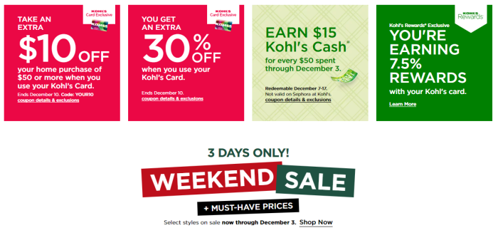 New $10 off $50 Kohl's coupon Saturday + 30% off coupon + $10 Kohl's Cash!